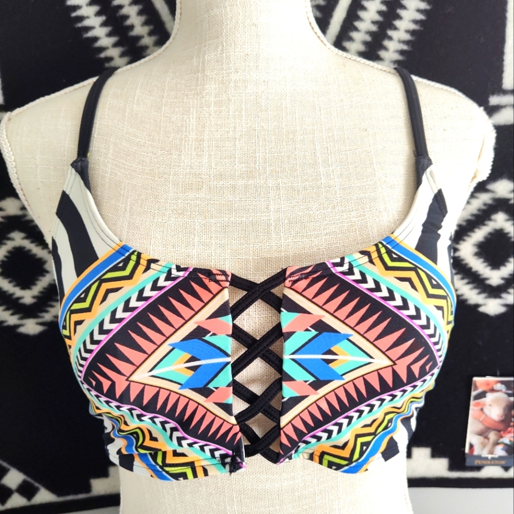 Vintage PINK SWIM 16 Victoria Secret Strappy Tankani Aztec Geometric Multicolor